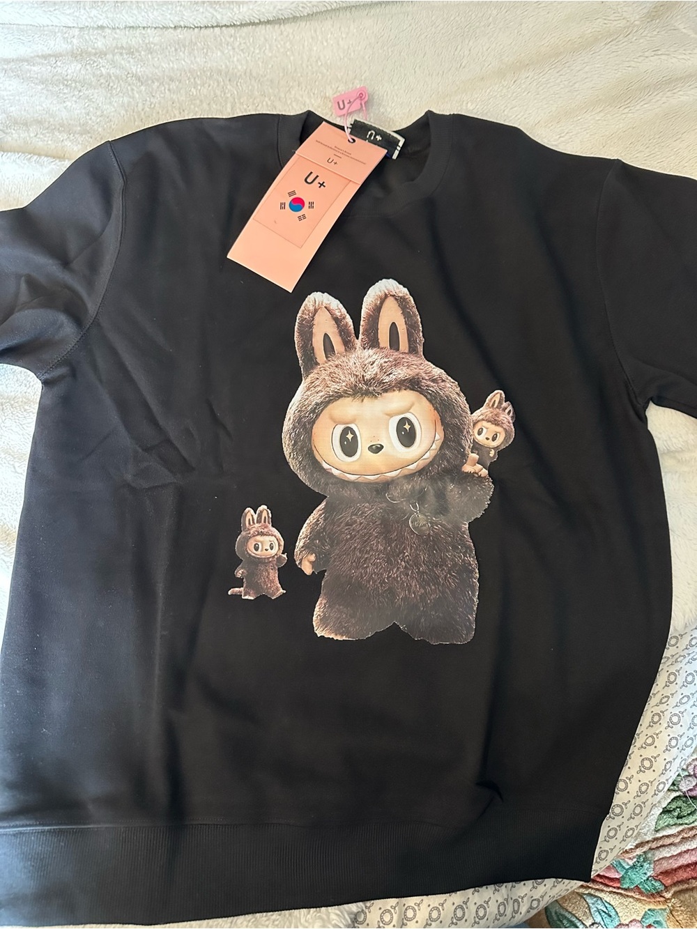 Black Graphic Bunny Plush Character Sweatshirt
